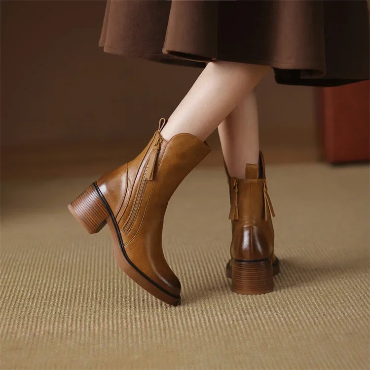 Women’s Block Heel Zip Ankle Boots – Sleek Round-Toe Design
