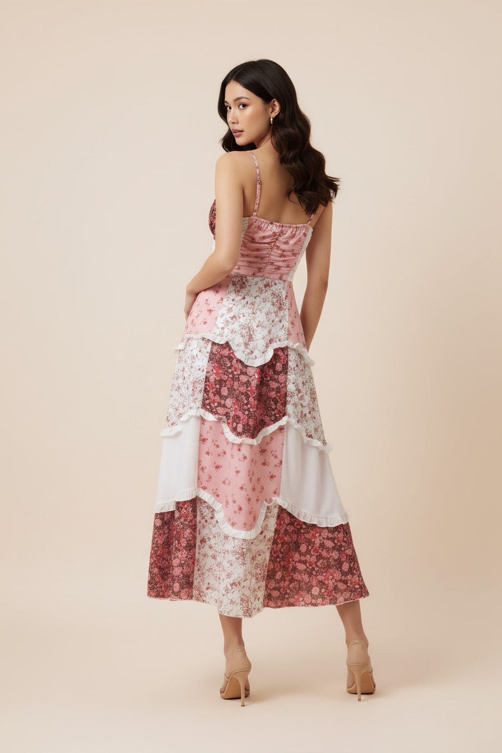 Romantic Patchwork Floral Maxi Dress – Tiered A-Line Silhouette & Spaghetti Straps