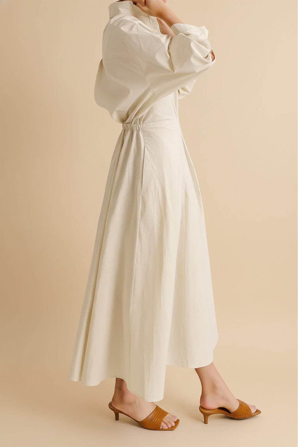 Refined Shirt Midi Dress – Cinched Waist & Flowing A-Line Silhouette