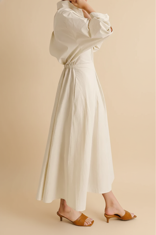 Refined Shirt Midi Dress – Cinched Waist & Flowing A-Line Silhouette