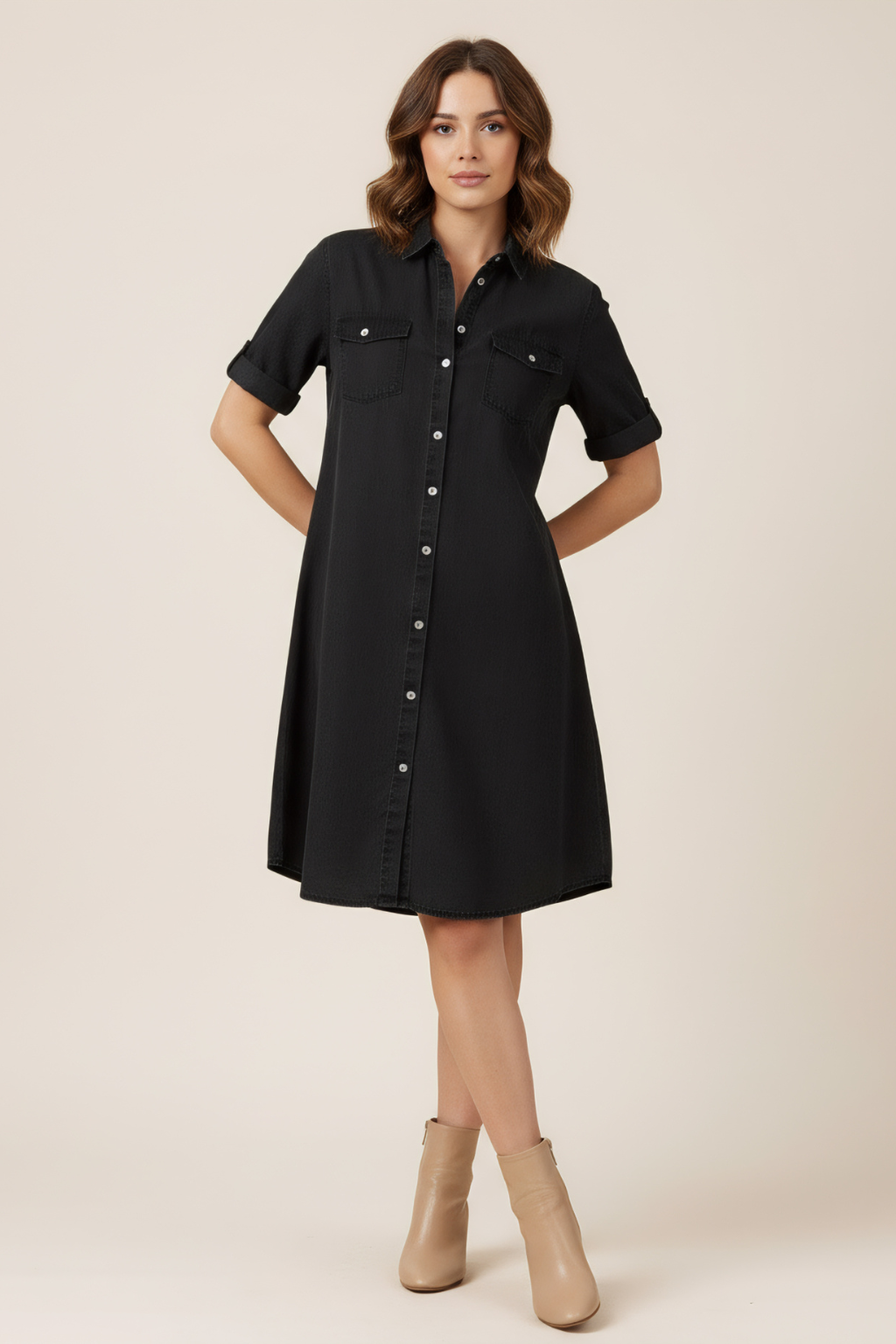 Effortless Button-Up Midi Dress – Relaxed A-Line Cut & Short Sleeve Design
