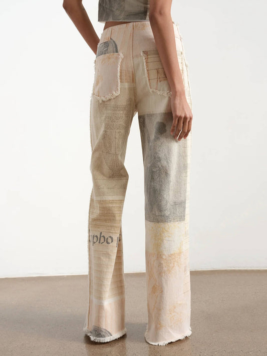 Women's Wide Leg Pants – Classical Art Print & Frayed Pocket Detail