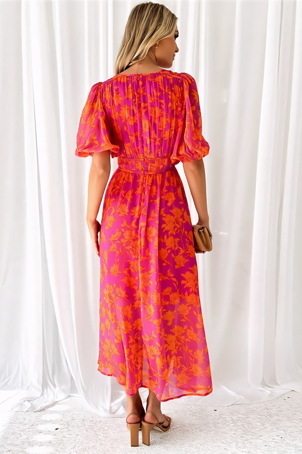Vibrant Floral Puff-Sleeve Maxi Dress – V-Neck Cocktail Silhouette & Flowy Movement