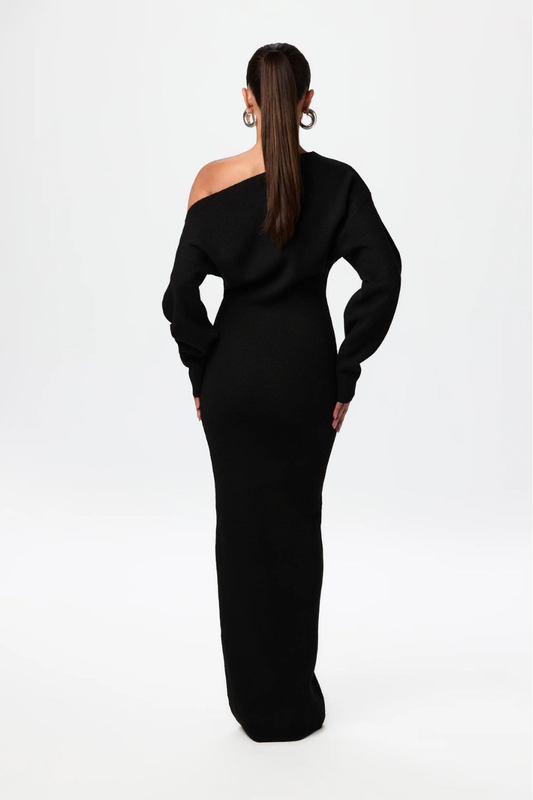Off Shoulder Knit Maxi Dress – Sleek Silhouette & Modern Minimal Elegance