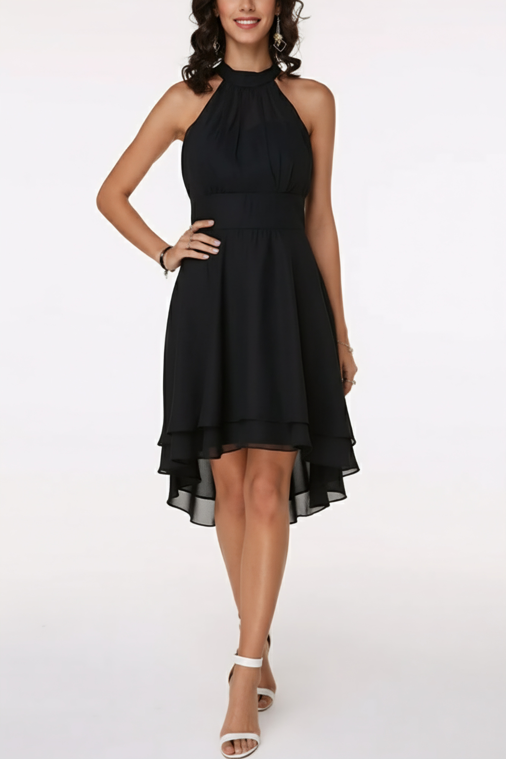 Elegant Halter Neck Ruffle Hem Midi Dress – Timeless Cocktail Silhouette