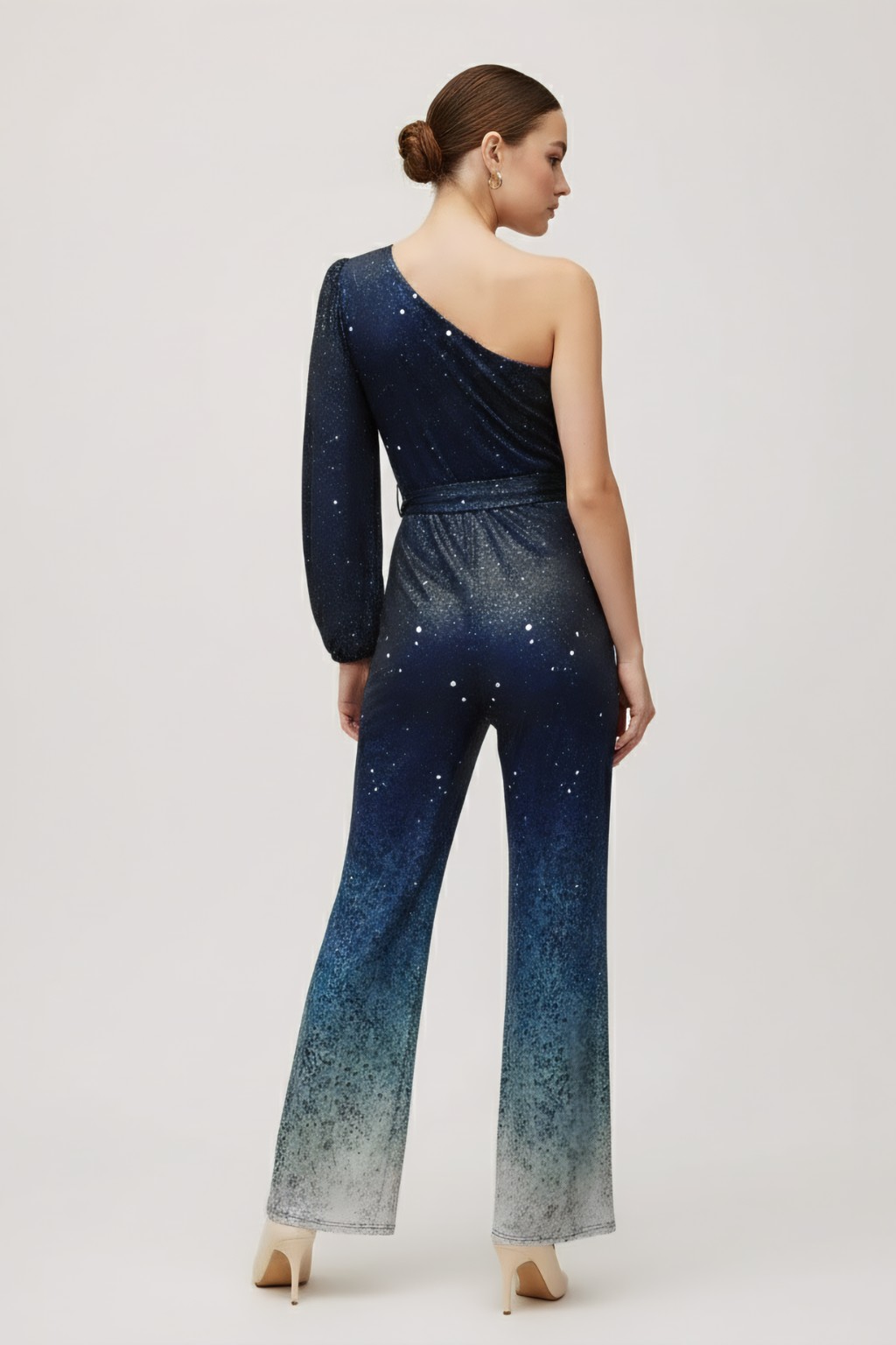 Glam One Shoulder Jumpsuit – Sparkling Gradient Finish & Flared Leg Silhouette