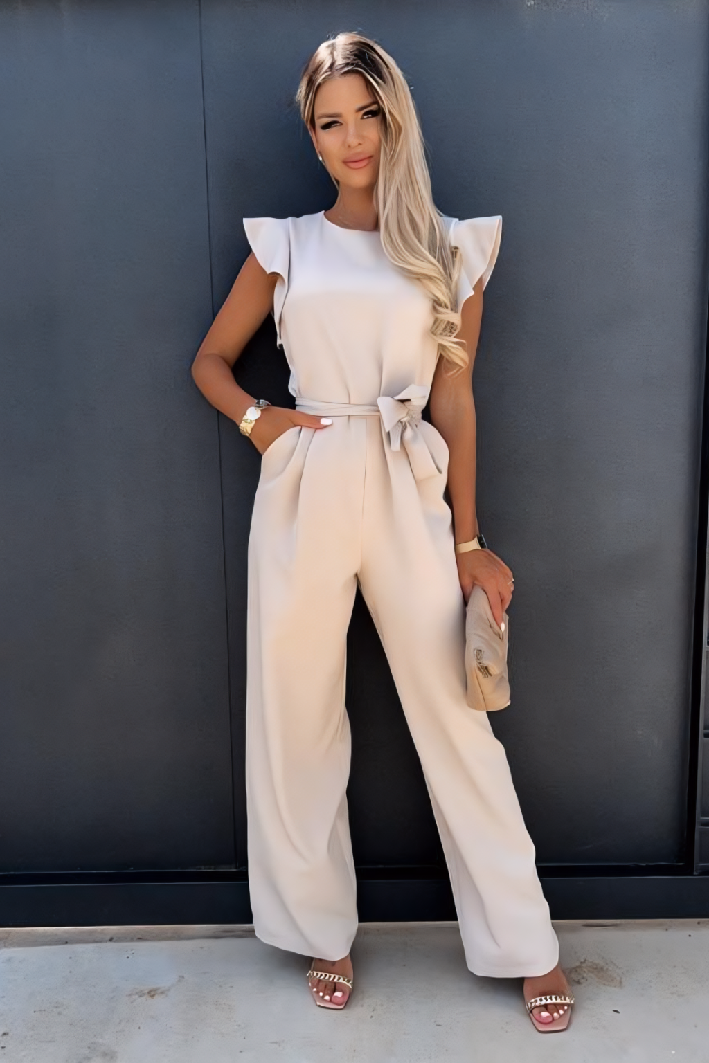 Sophisticated Jumpsuit – Ruffled Sleeve Detail & Wide Leg Silhouette
