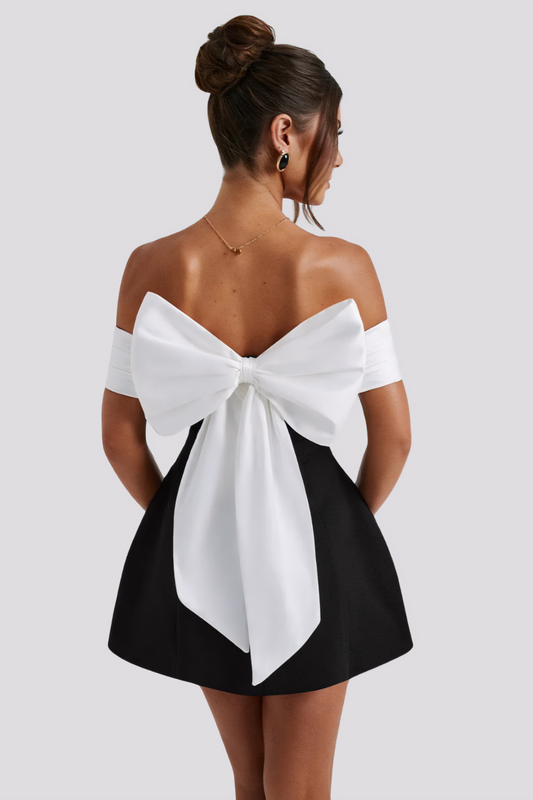 Elegant Off-Shoulder Bow-Back Mini Dress – Chic Cocktail Silhouette