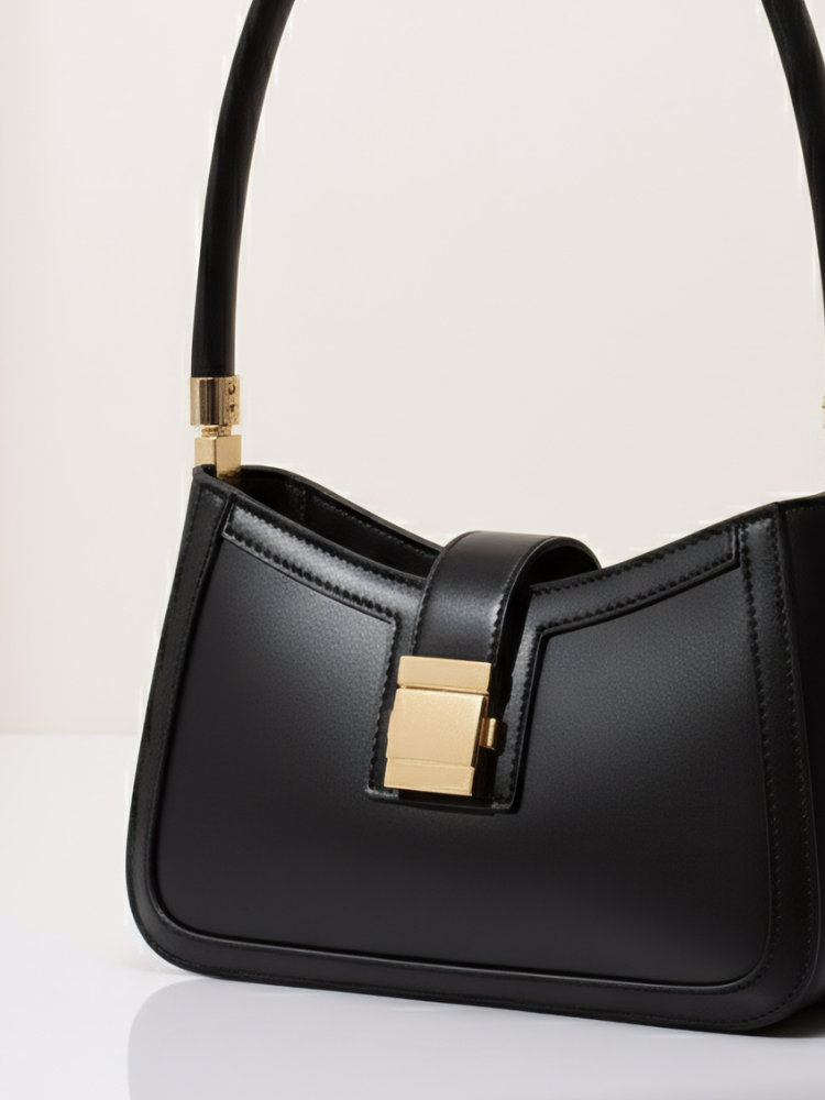 Chic Black Leather Shoulder Bag – Timeless Minimalist Design with Gold Clasp