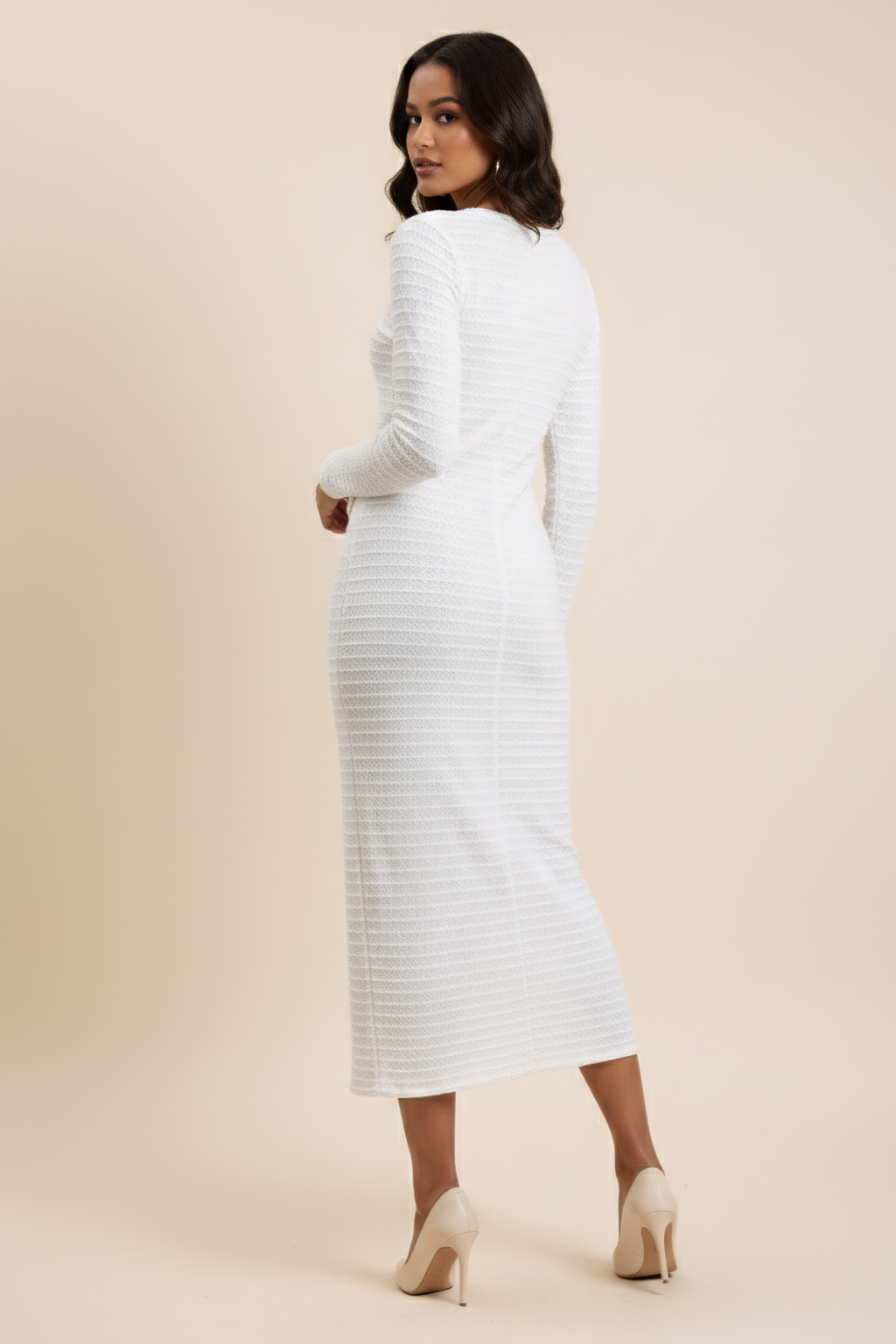 Polished Button Front Midi Dress – Long Sleeve Structured Silhouette