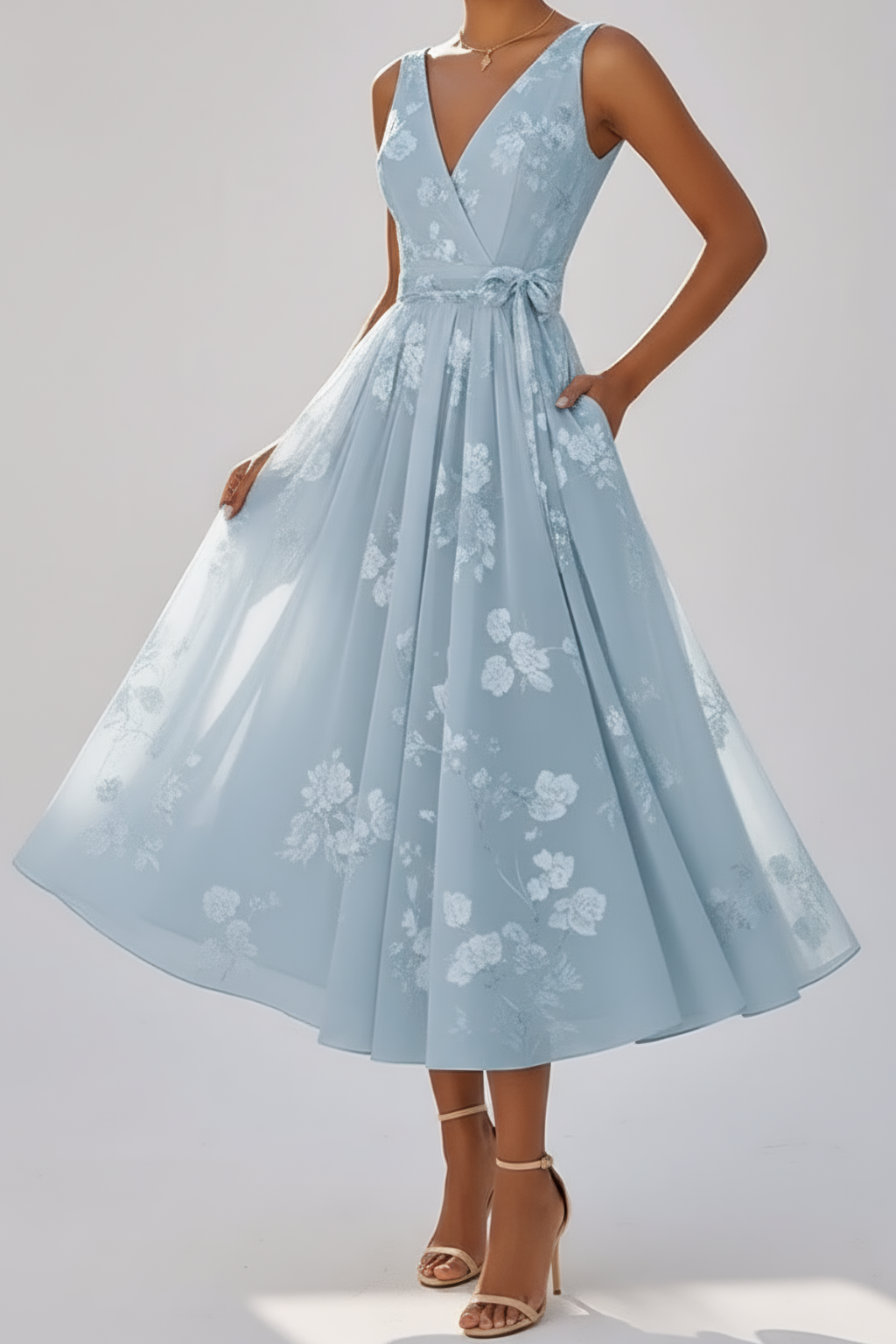 Graceful Floral Midi Dress – Waist-Tie Cocktail Silhouette