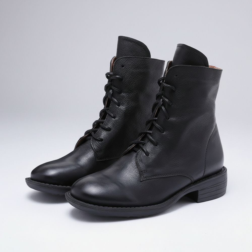 Women's Lace-Up Ankle Boots – Classic Brown with Low Block Heel