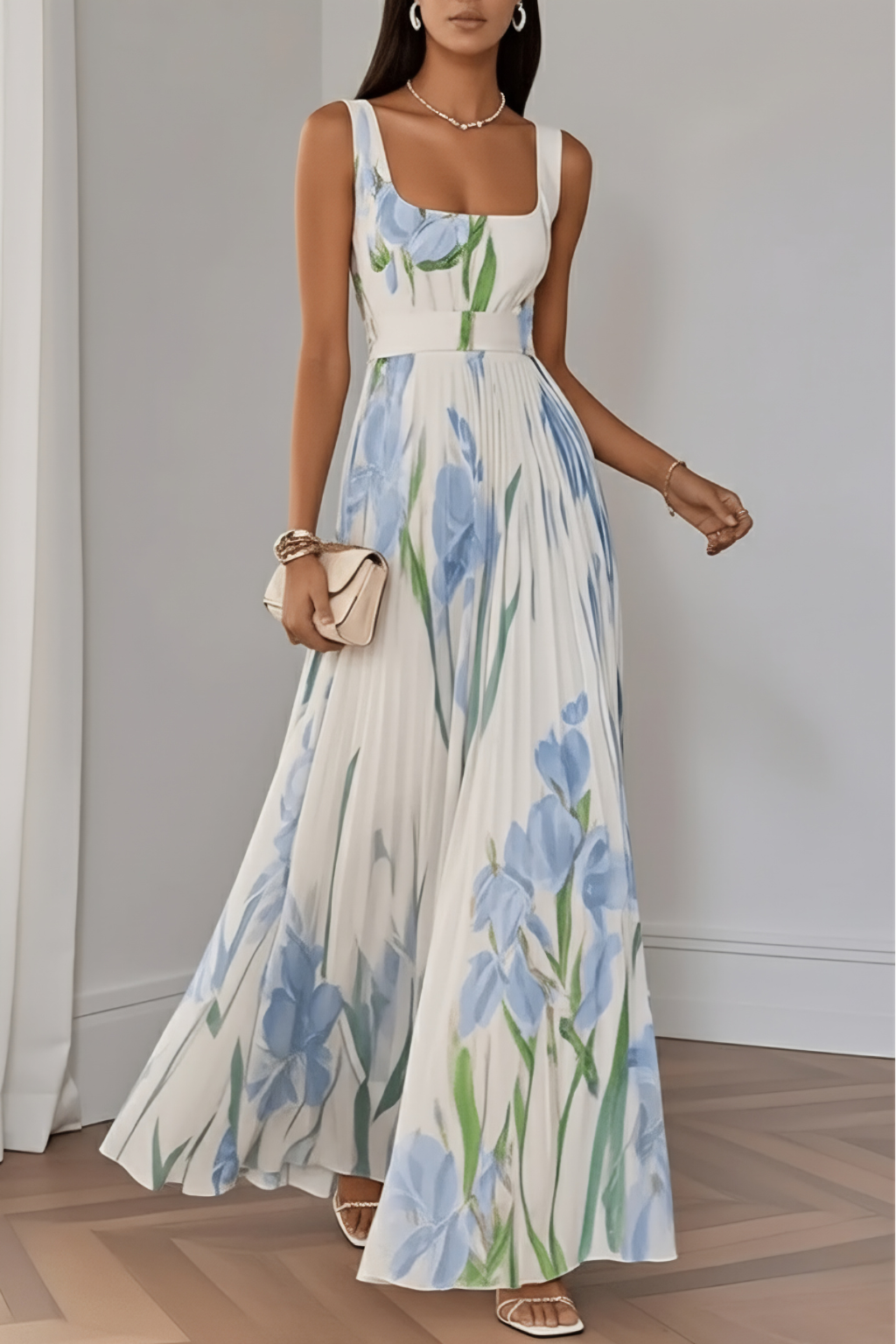 Elegant Sleeveless Floral Pleated Maxi Dress – Square Neck Evening Silhouette