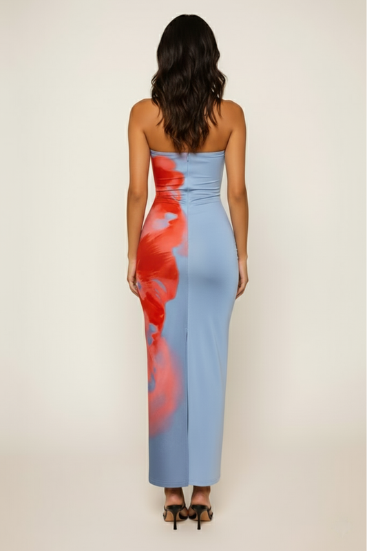 Strapless Bodycon Maxi Dress – Blue and Red Floral Y2K Print