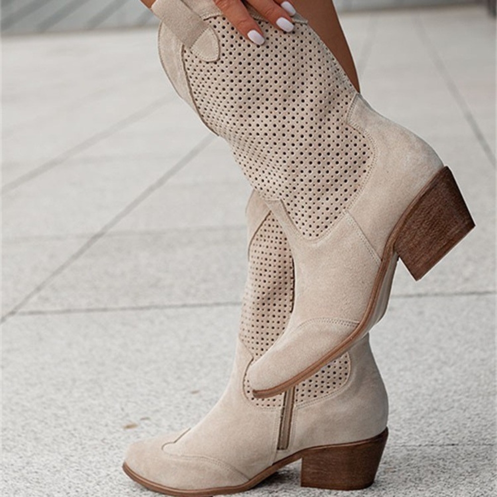 Breathable Western Cowboy Boots – Perforated Design with Block Heel