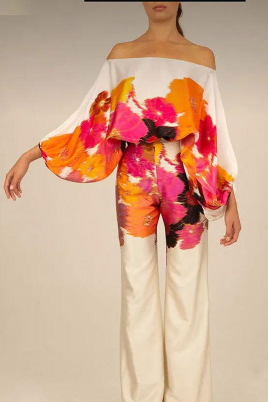 Graceful Off-Shoulder Wide-Leg Jumpsuit – Abstract Print Summer Style