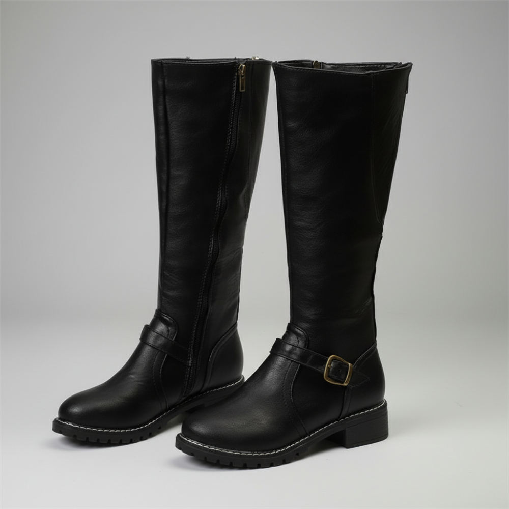 Women’s Knee-High Buckle Boots – Classic Style with Low Heel