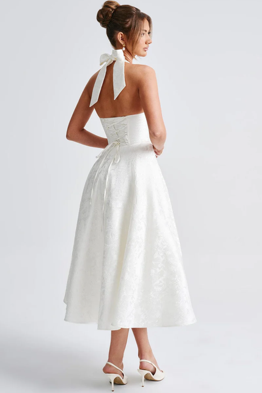 Elegant Halter Neck Midi Dress – Flared Corset Silhouette