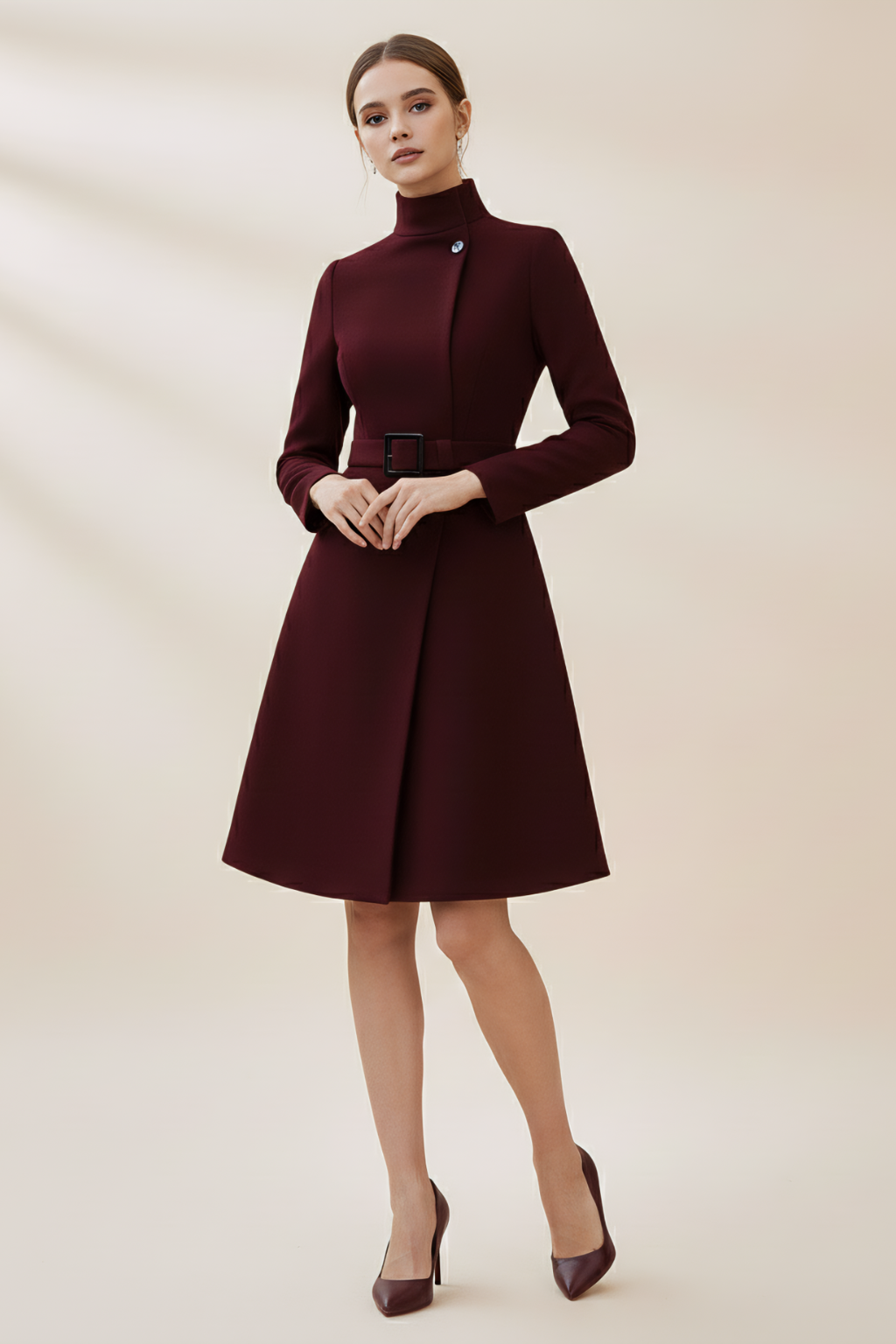 Refined High Neck A-Line Dress – Belted Waist & Asymmetric Silhouette