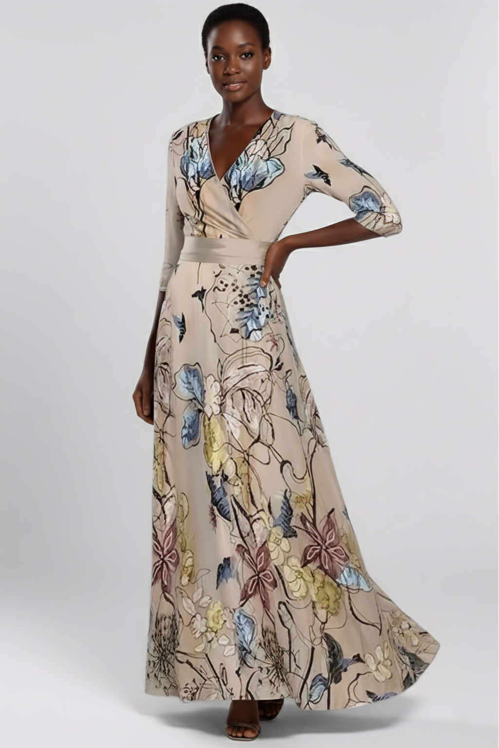 Elegant Floral Print Maxi Dress – Wrap V-Neck Evening Silhouette