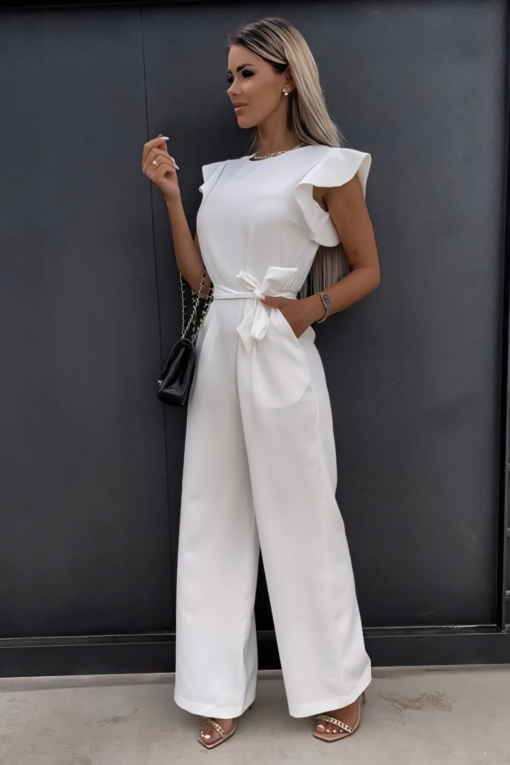 Sophisticated Jumpsuit – Ruffled Sleeve Detail & Wide Leg Silhouette