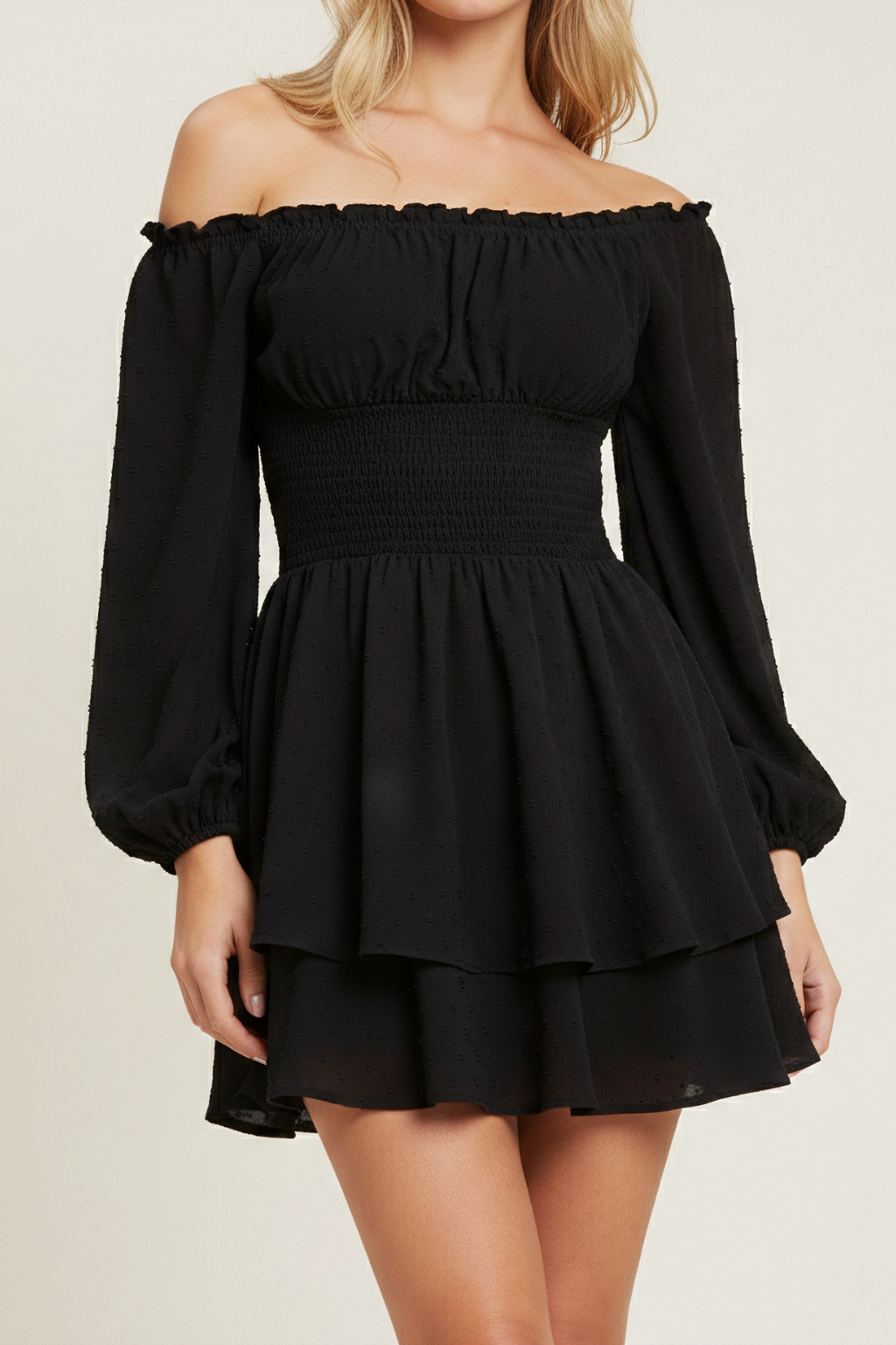 Off Shoulder Mini Dress – Ruffle Hem Long Sleeve & Smocked Waist
