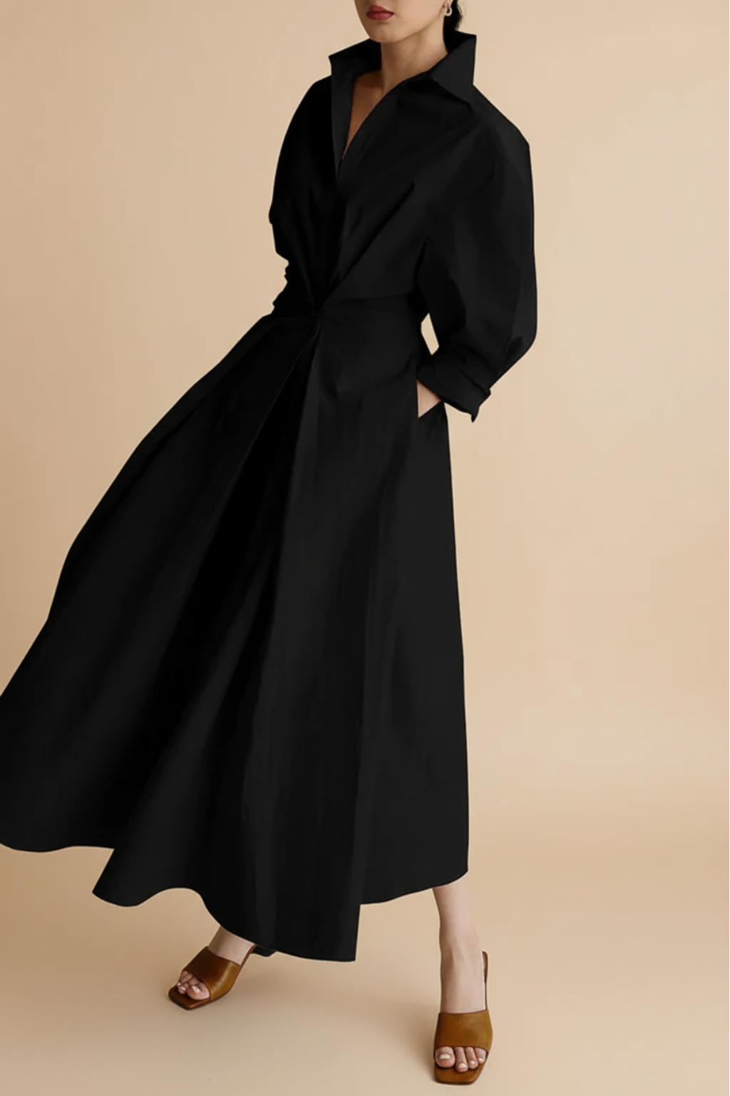 Refined Shirt Midi Dress – Cinched Waist & Flowing A-Line Silhouette