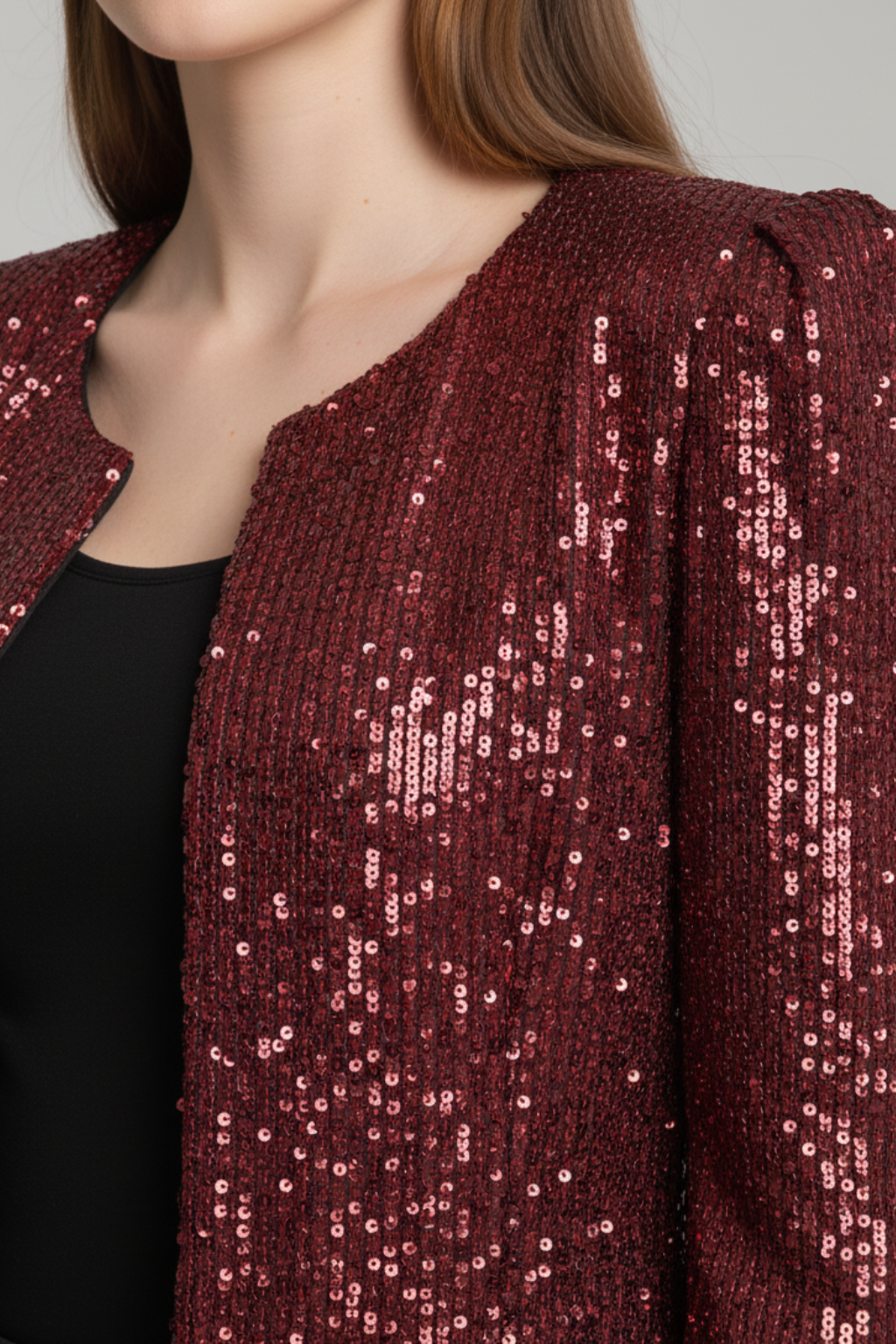 Refined Shimmer Jacket – Tailored Shoulders & Timeless Open-Front Cut
