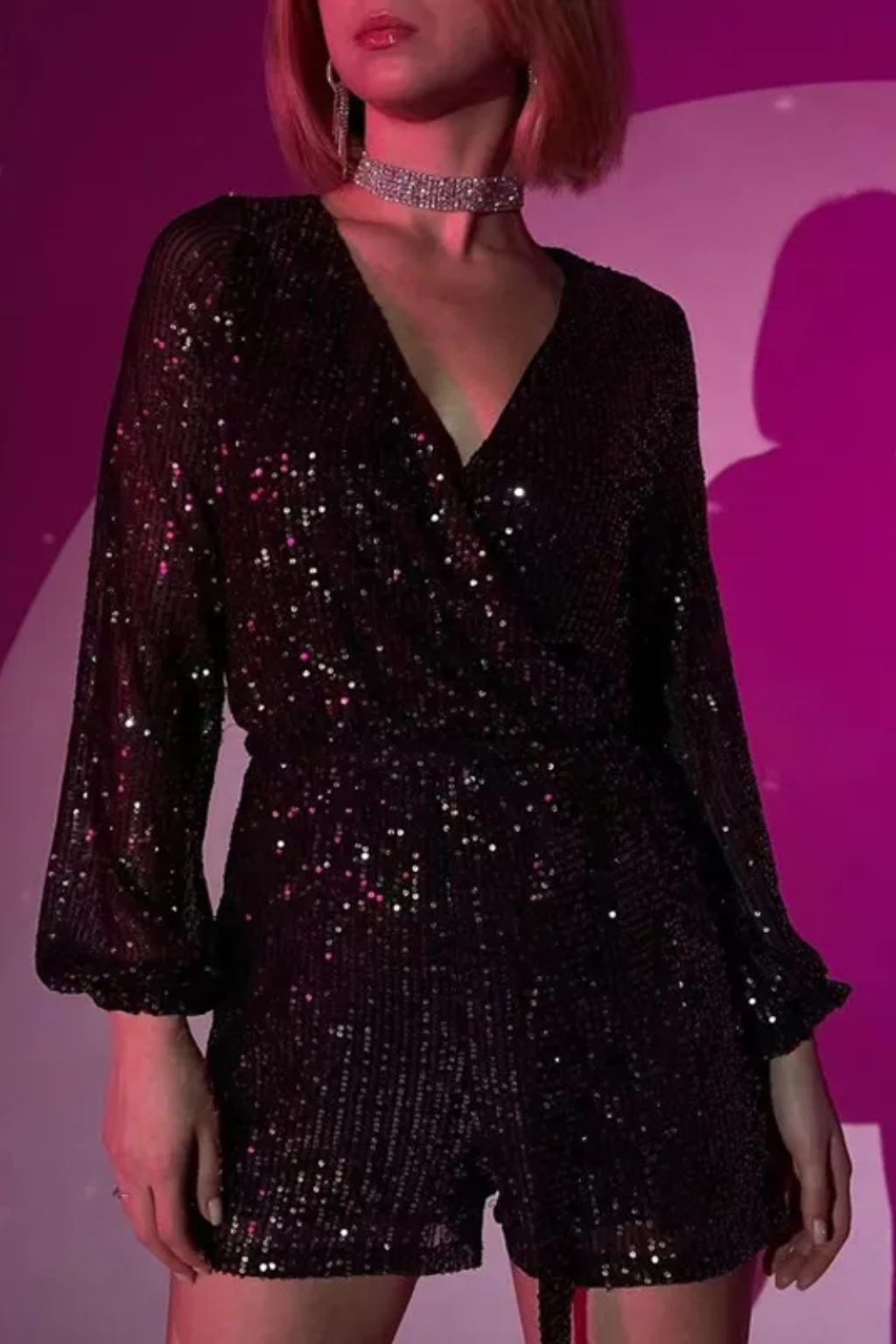 Shimmering Long-Sleeve Playsuit – Wrap Front Belted Party Romper