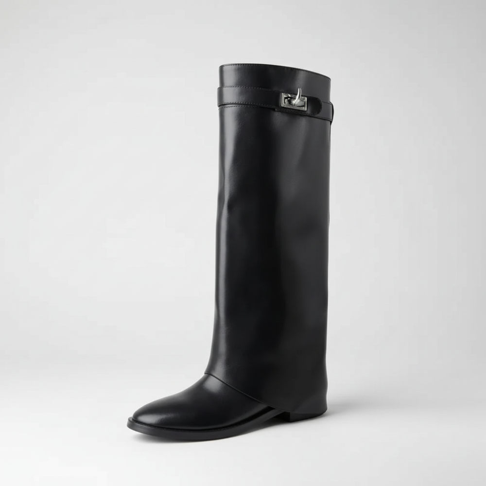 Knee High Leather Boots – Polished Buckle Detail and Sleek Silhouette