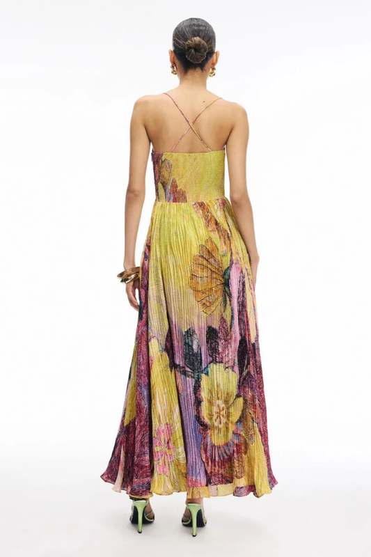Multicoloured Floral Pleated Maxi Dress – Elegant Spaghetti Strap Evening Dress
