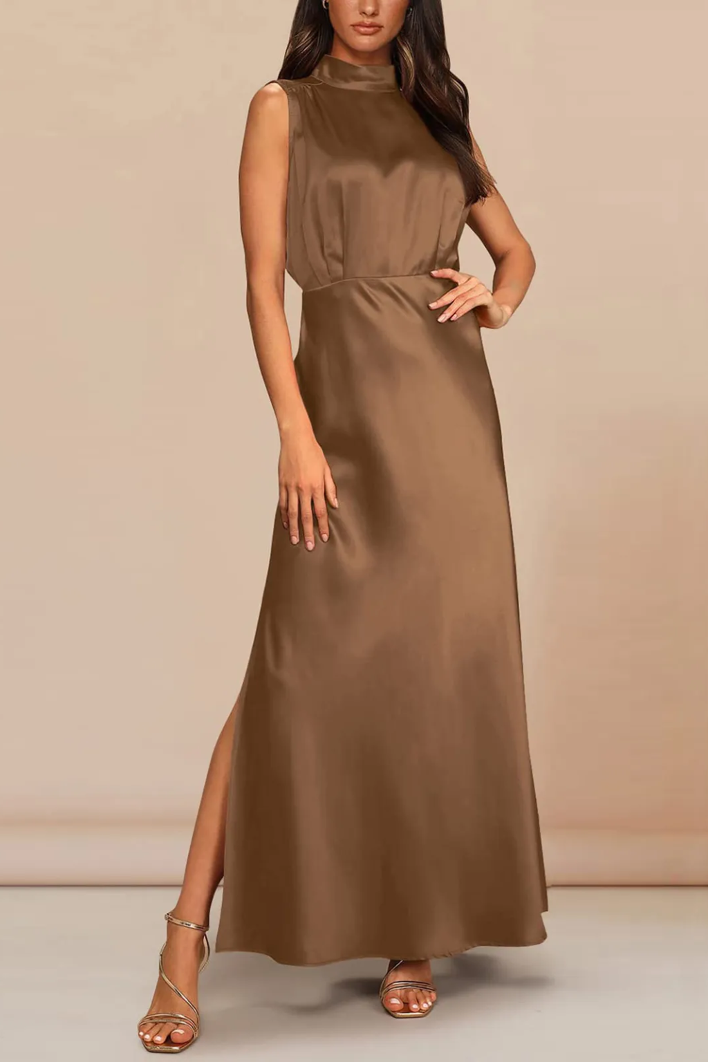 Chic High-Neck Maxi Dress – Sleeveless Silhouette & Side Slit Detail