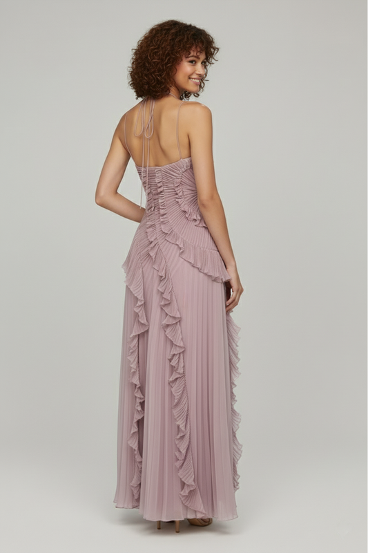 Ruffled Pleated Maxi Dress – Sleeveless Halter Neck Evening Gown
