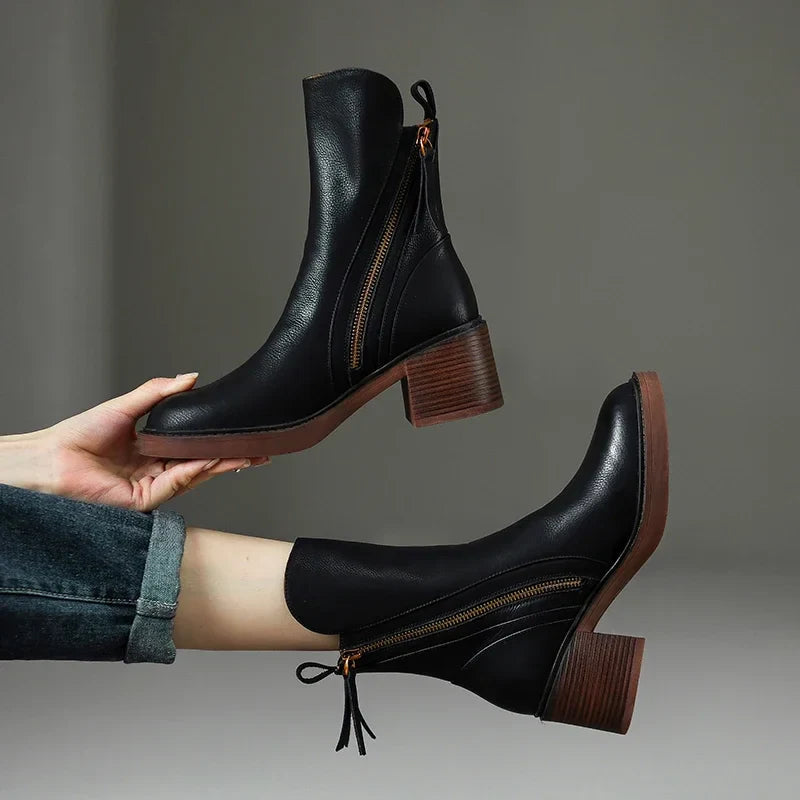 Women’s Block Heel Zip Ankle Boots – Sleek Round-Toe Design