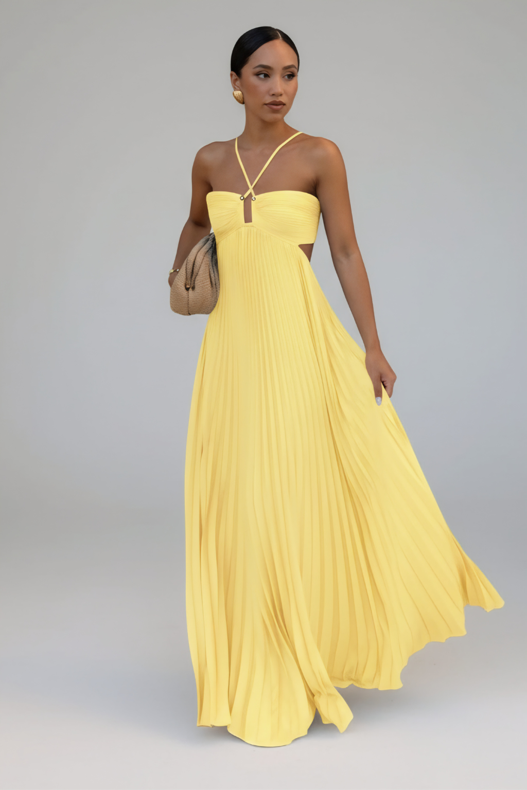 Elegant Pleated Maxi Dress – Strappy Cut-Out Evening Silhouette