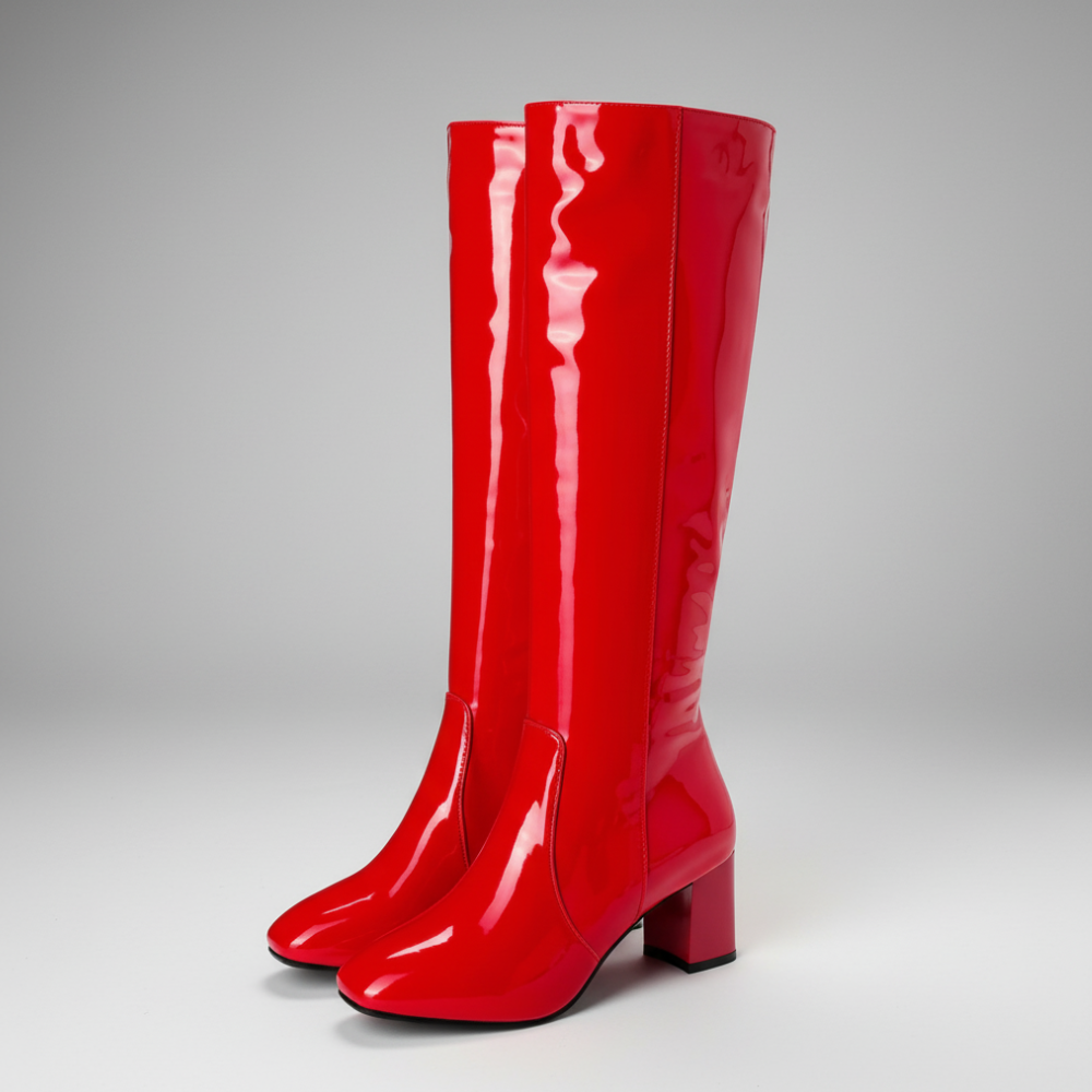 Women's Patent Knee-High Boots – Glossy Finish with Block Heel