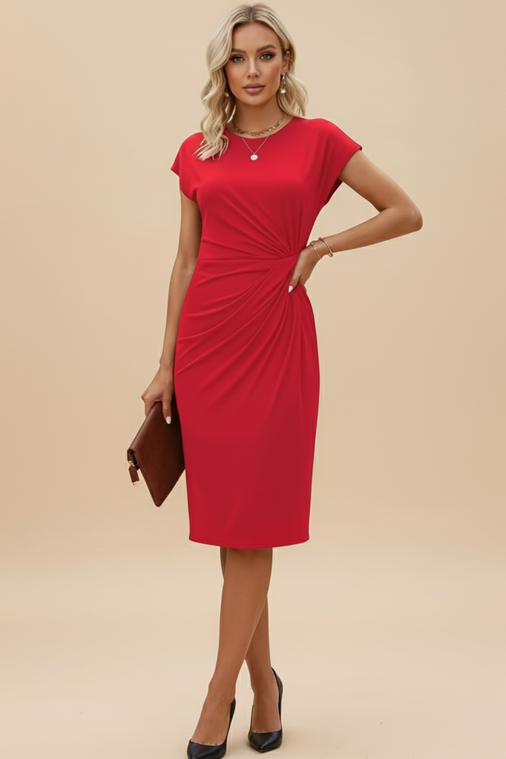 Chic Ruched Waist Sheath Dress – Short-Sleeve Fitted Midi Style