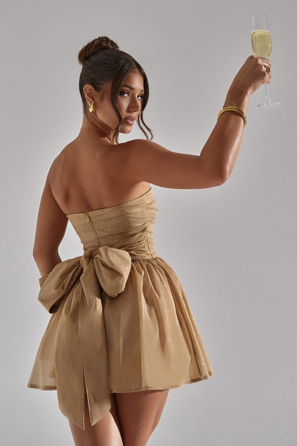 Strapless Mini Dress – Chic Glitter Finish & Statement Bow Detail