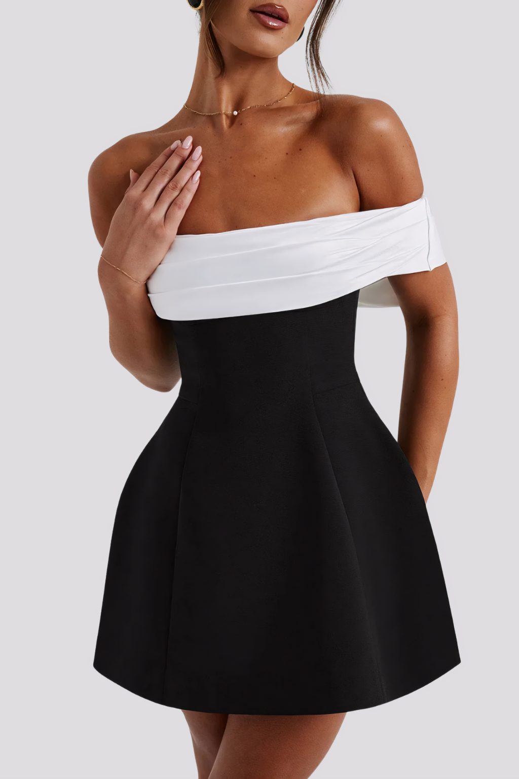 Elegant Off-Shoulder Bow-Back Mini Dress – Chic Cocktail Silhouette