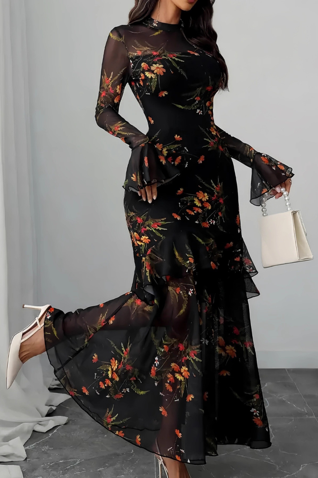 Two Piece Maxi Dress Set – Long Sleeve Floral Overlay & Slip Dress