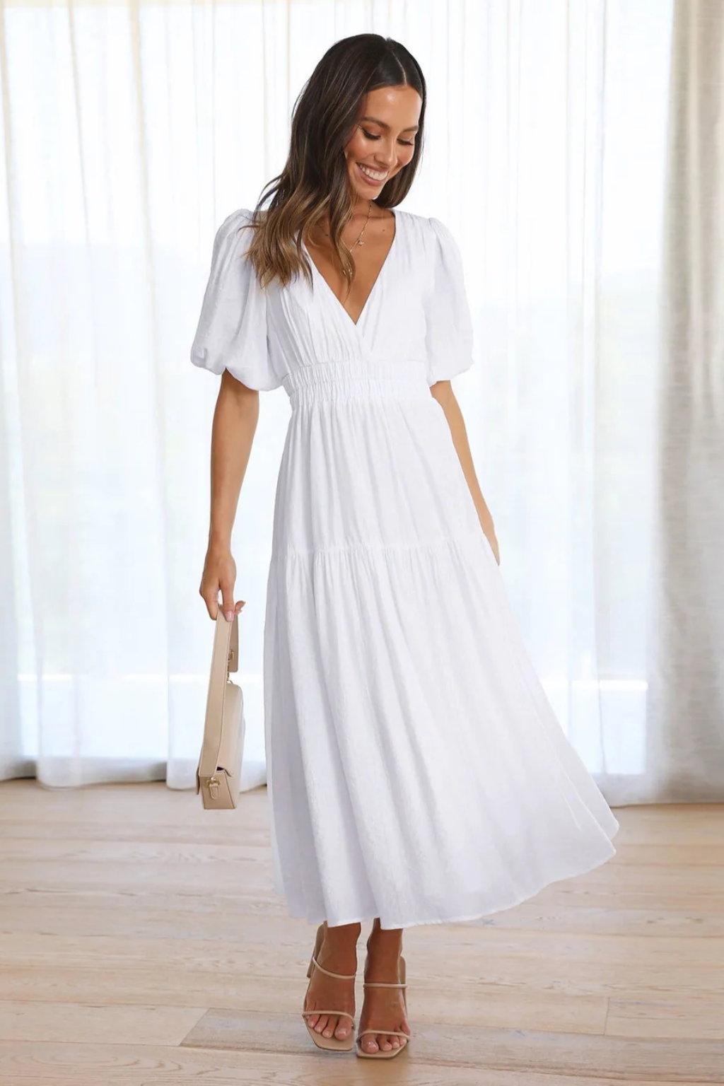 Feminine Puff-Sleeve Maxi Dress – Flowy Shape & Effortless Movement