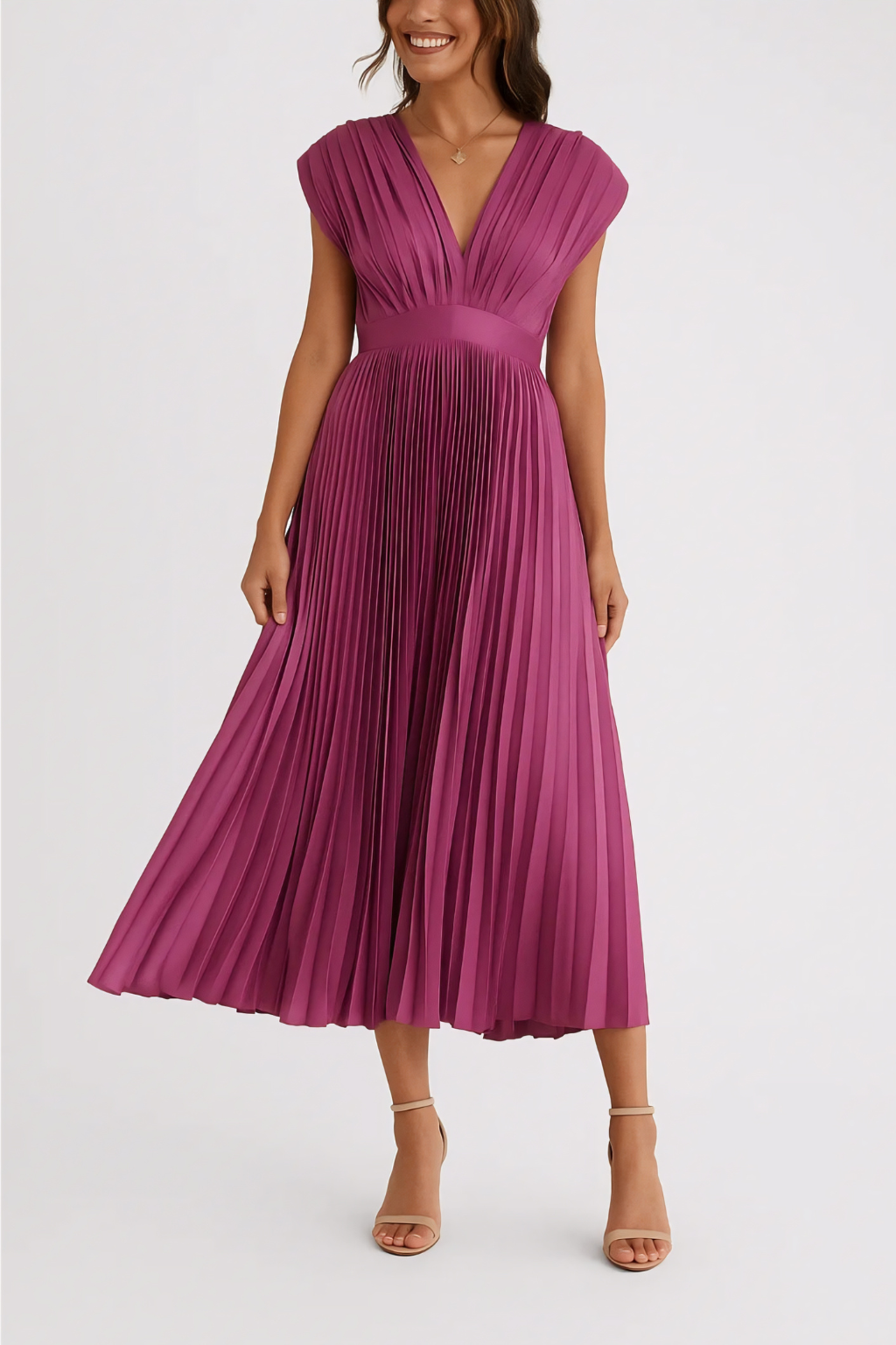 Pleated Deep V-Neck Midi Dress – Elegant Occasion Dress