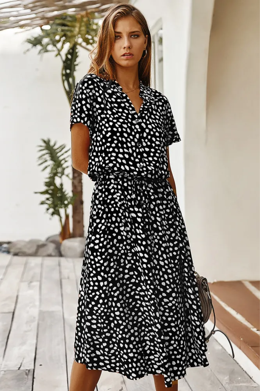 Chic Printed Midi Dress – Short-Sleeve Button-Front Summer Style