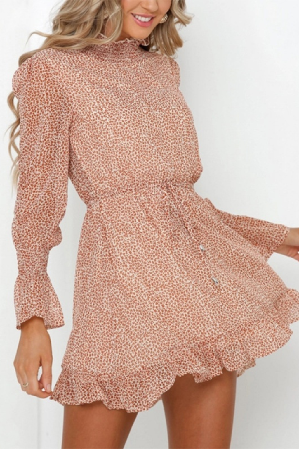 Mini Dress – High Neck Long Sleeve & Flared Hem Silhouette