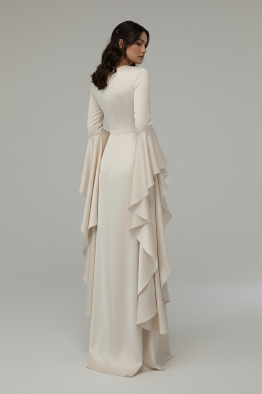 Elegant Long Sleeve Draped Maxi Dress – Evening & Party Gown