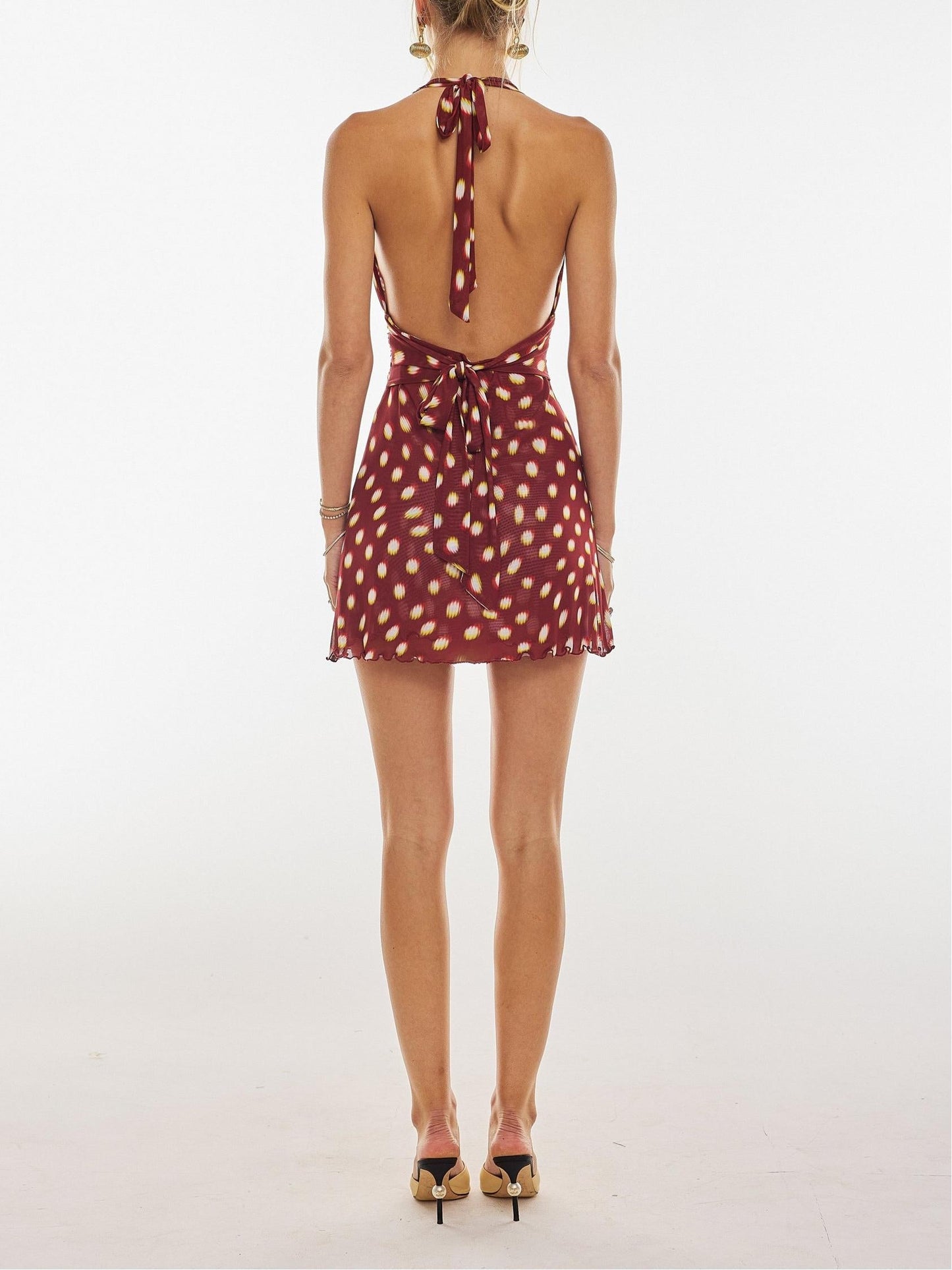 Women's Polka Dot Mini Dress – Plunging Halter Neck & Backless Detail