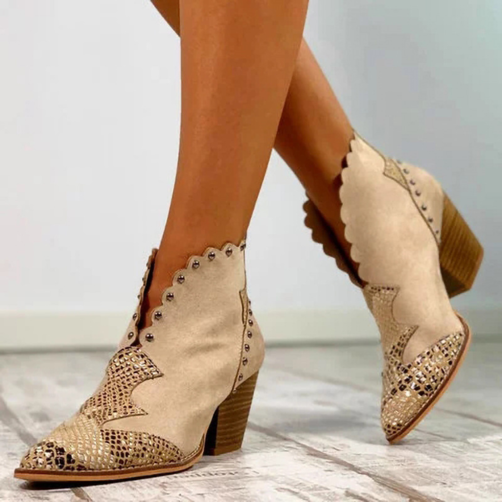 Western Ankle Boots – Studded Detailing with Contrast Textures