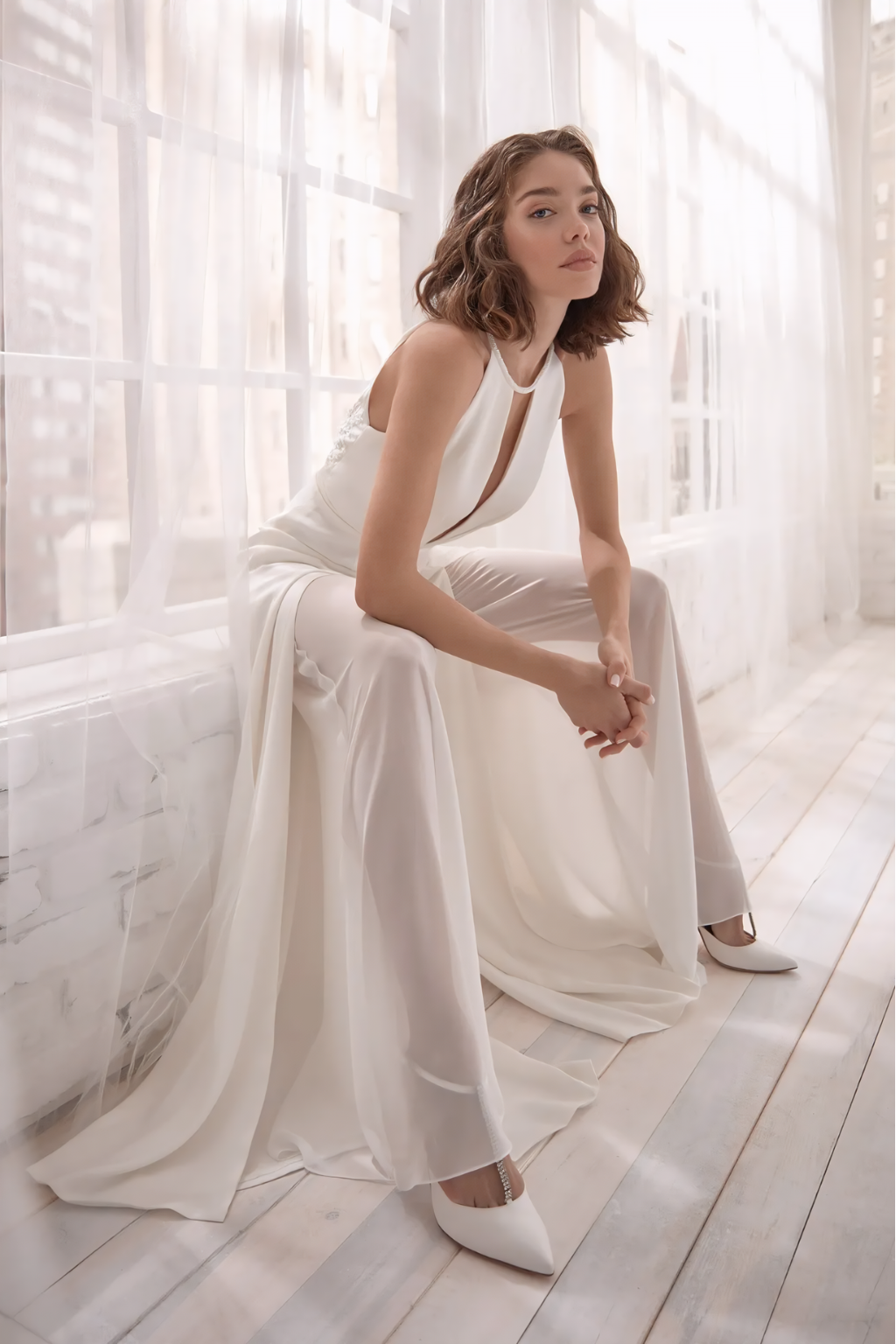 Chic Halter-Neck Wide-Leg Jumpsuit – Sophisticated Sheer-Layer Design