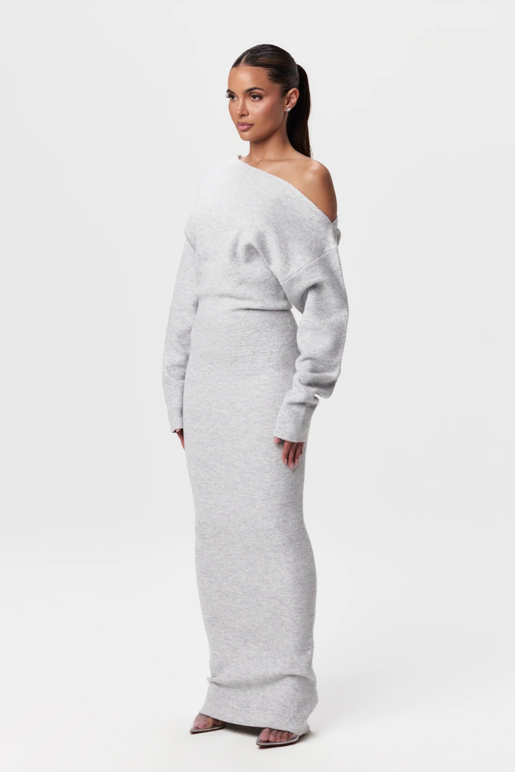 Off Shoulder Knit Maxi Dress – Sleek Silhouette & Modern Minimal Elegance