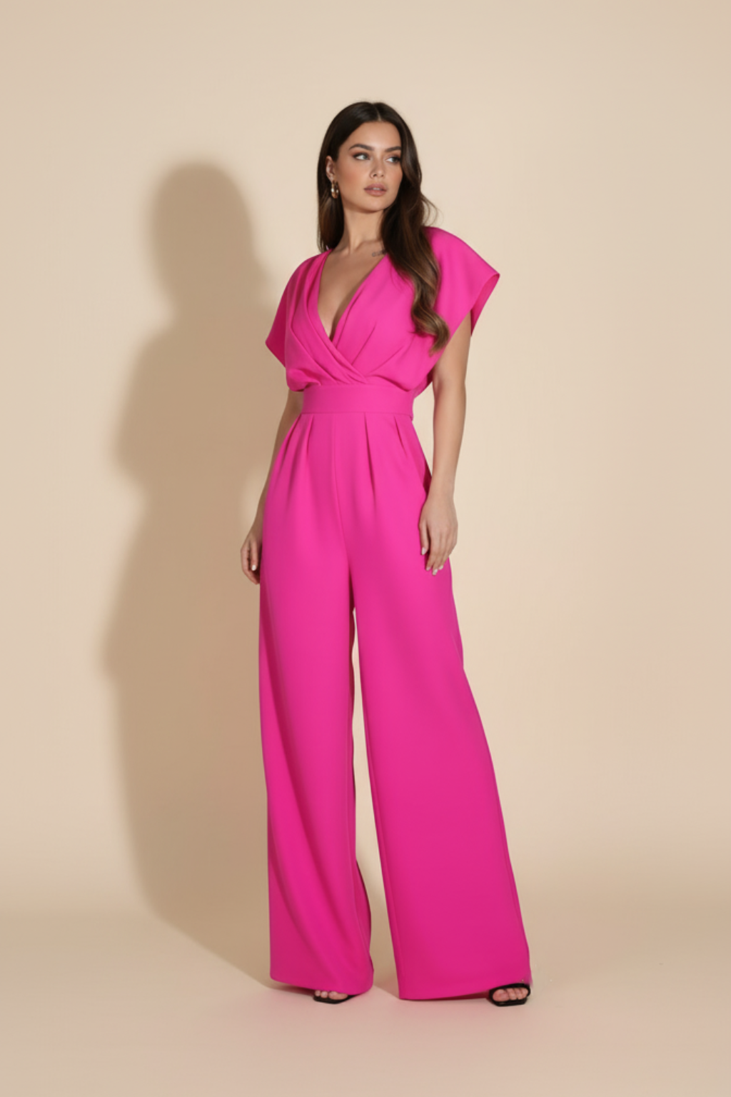 Chic Wide-Leg Jumpsuit – Tailored Waist & Draped V-Neck Silhouette